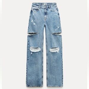 New Zara Z1975 Mid Waist Ripped Cut Out Straighthg Leg Jeans